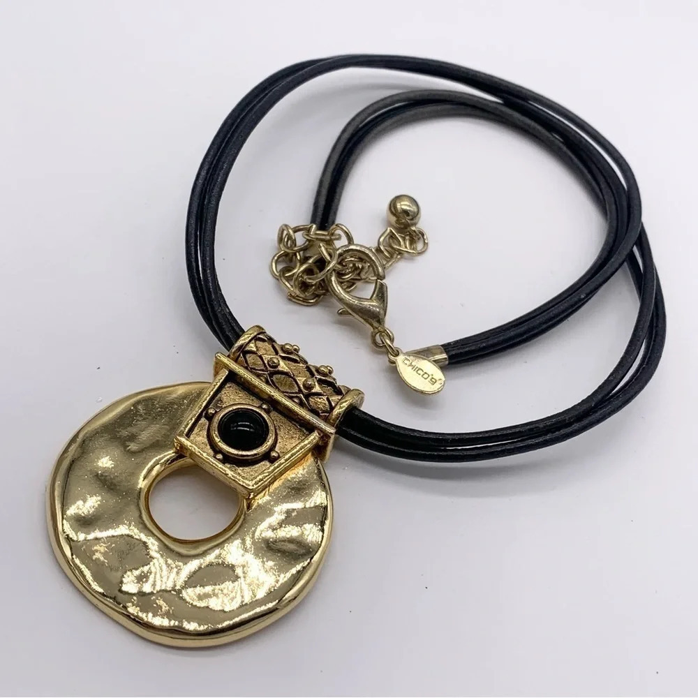 Chico’s Gold Pendant Black Corded Necklace